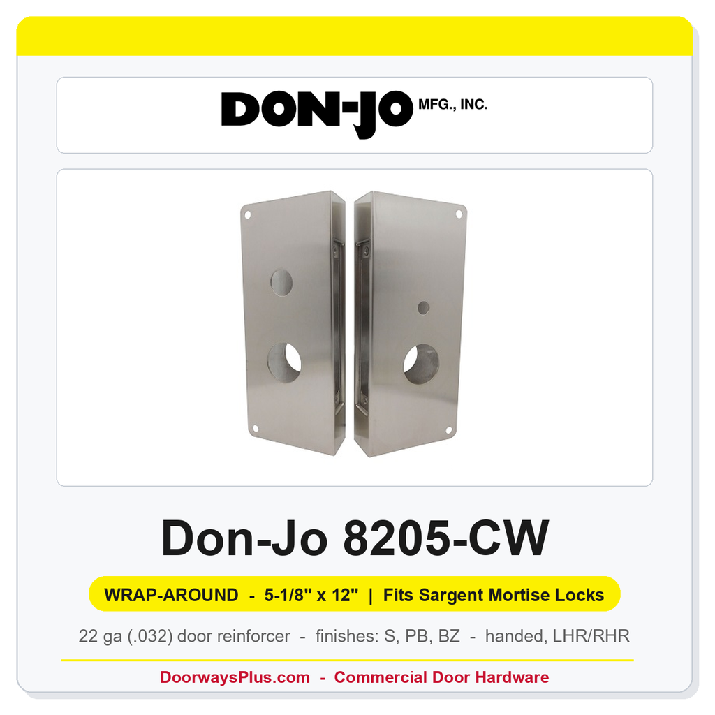 Don-Jo 8205-CW Wrap-Around Plate | 5-1/8" x 12" | Fits Sargent Mortise Locks | 2-3/4" Backset