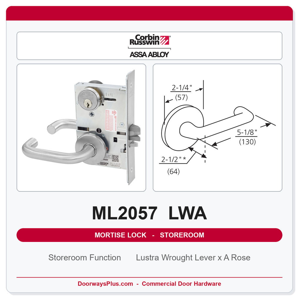 Corbin Russwin ML2057 LWA Storeroom or Closet Mortise Lockset | Grade 1 Commercial