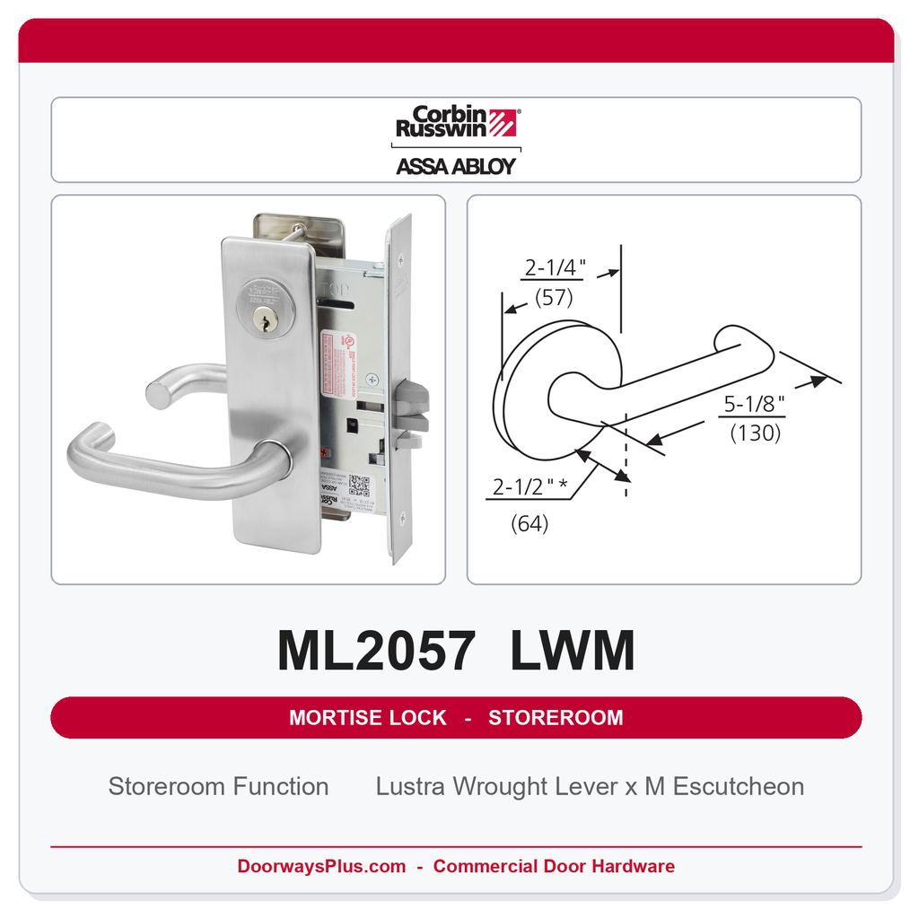Corbin Russwin ML2057 LWM Storeroom or Closet Mortise Lockset | Grade 1 Commercial