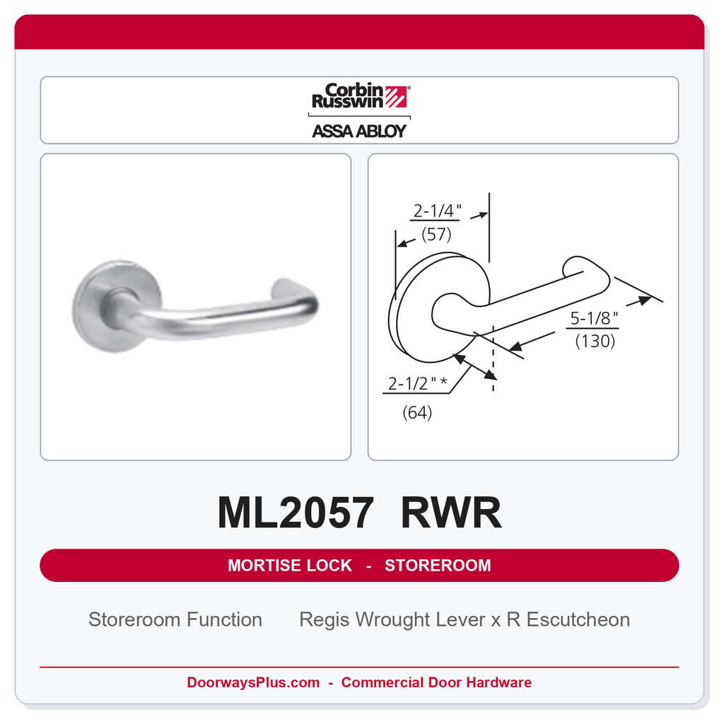 Corbin Russwin ML2057 RWR Storeroom or Closet Mortise Lockset | Grade 1 Commercial
