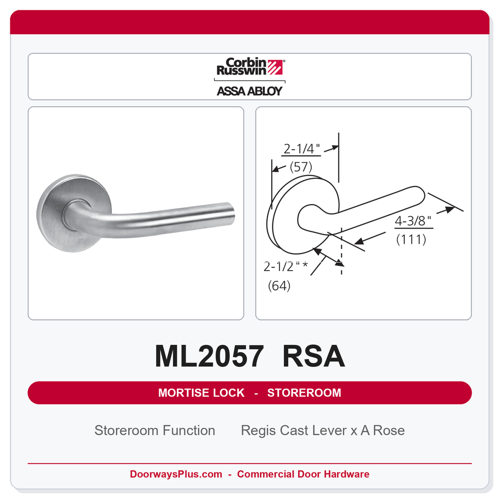 Corbin Russwin ML2057 RSA Storeroom or Closet Mortise Lockset | Grade 1 Commercial