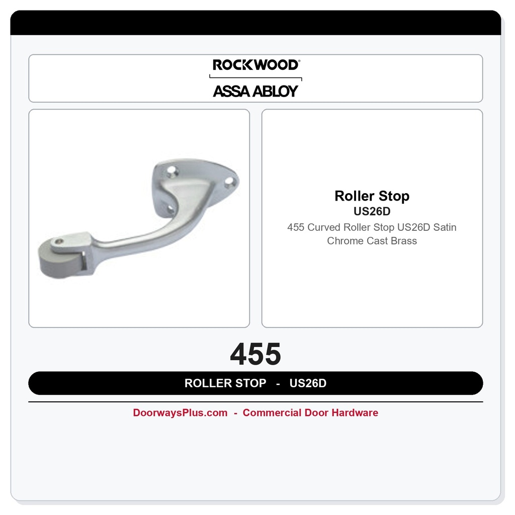 Rockwood 455 Curved Roller Stop – US26D Satin Chrome | Cast Brass