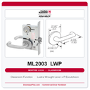 Corbin Russwin ML2003 LWP Classroom Mortise Lockset | Grade 1 Commercial