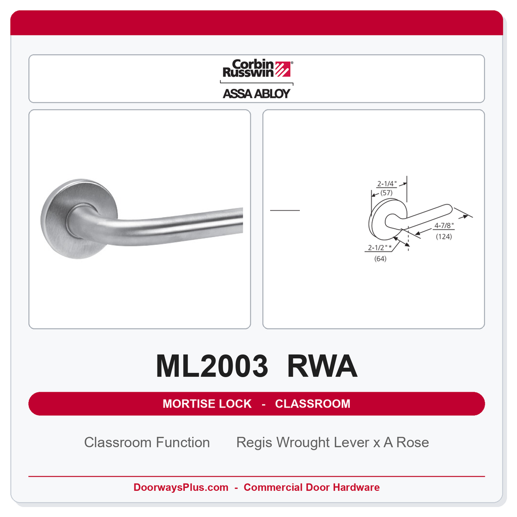 Corbin Russwin ML2003 RWA Classroom Mortise Lockset | Grade 1 Commercial