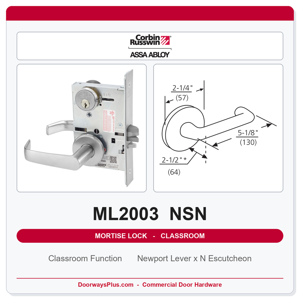 Corbin Russwin ML2003 NSN Classroom Mortise Lockset | Grade 1 Commercial
