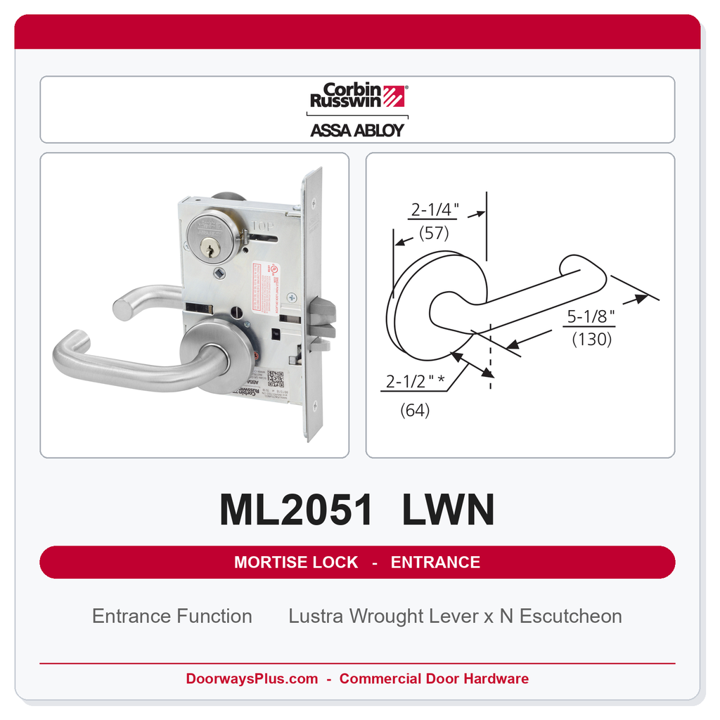 Corbin Russwin ML2051 LWN Entrance or Office Mortise Lockset | Grade 1 Commercial