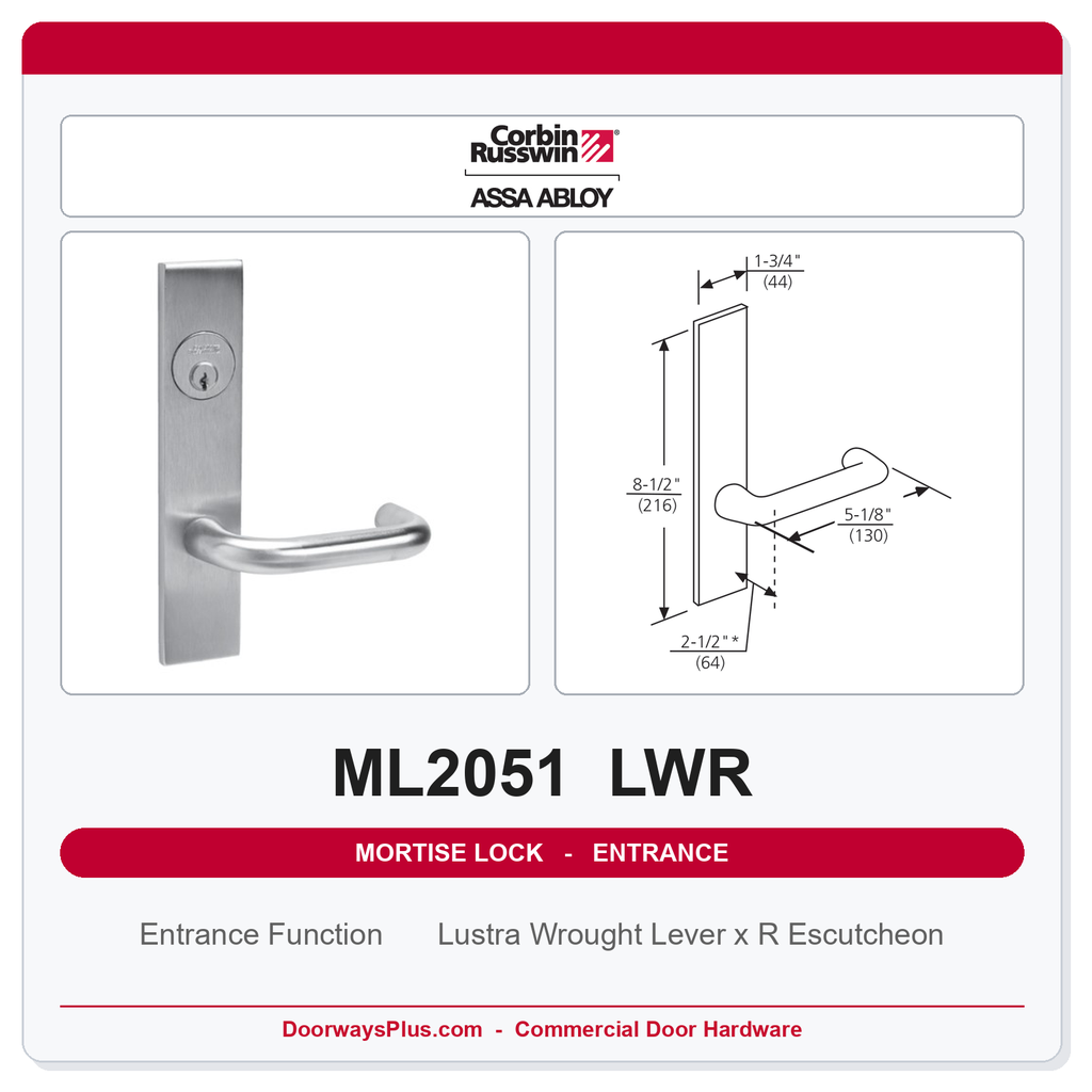 Corbin Russwin ML2051 LWR Entrance or Office Mortise Lockset | Grade 1 Commercial