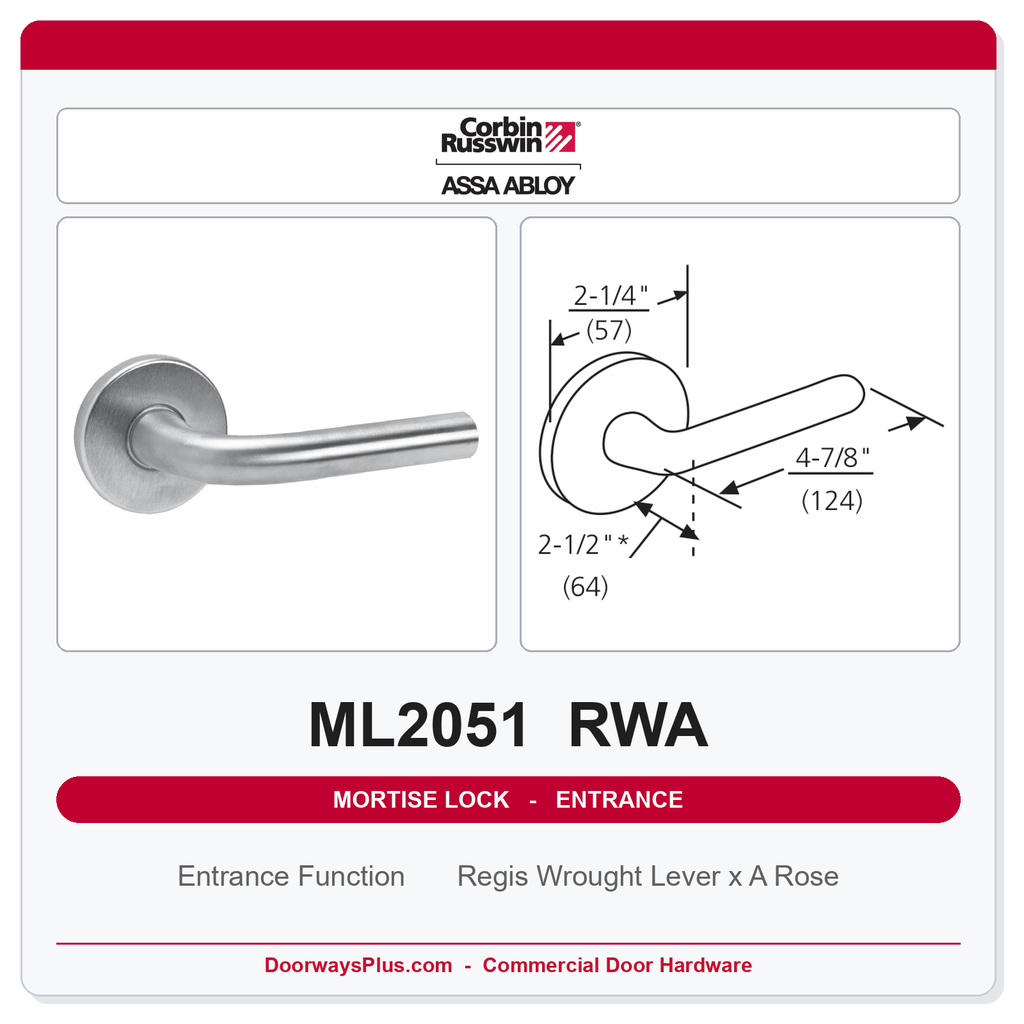 Corbin Russwin ML2051 RWA Entrance or Office Mortise Lockset | Grade 1 Commercial