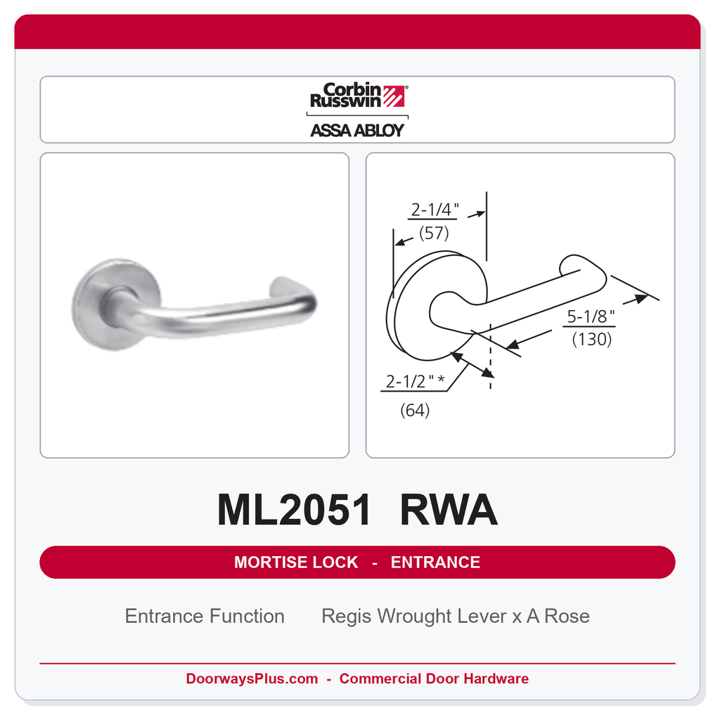 Corbin Russwin ML2051 RWA Entrance or Office Mortise Lockset | Grade 1 Commercial
