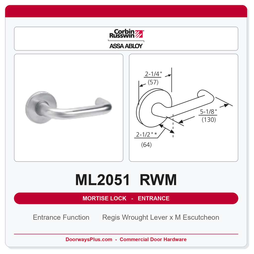 Corbin Russwin ML2051 RWM Entrance or Office Mortise Lockset | Grade 1 Commercial