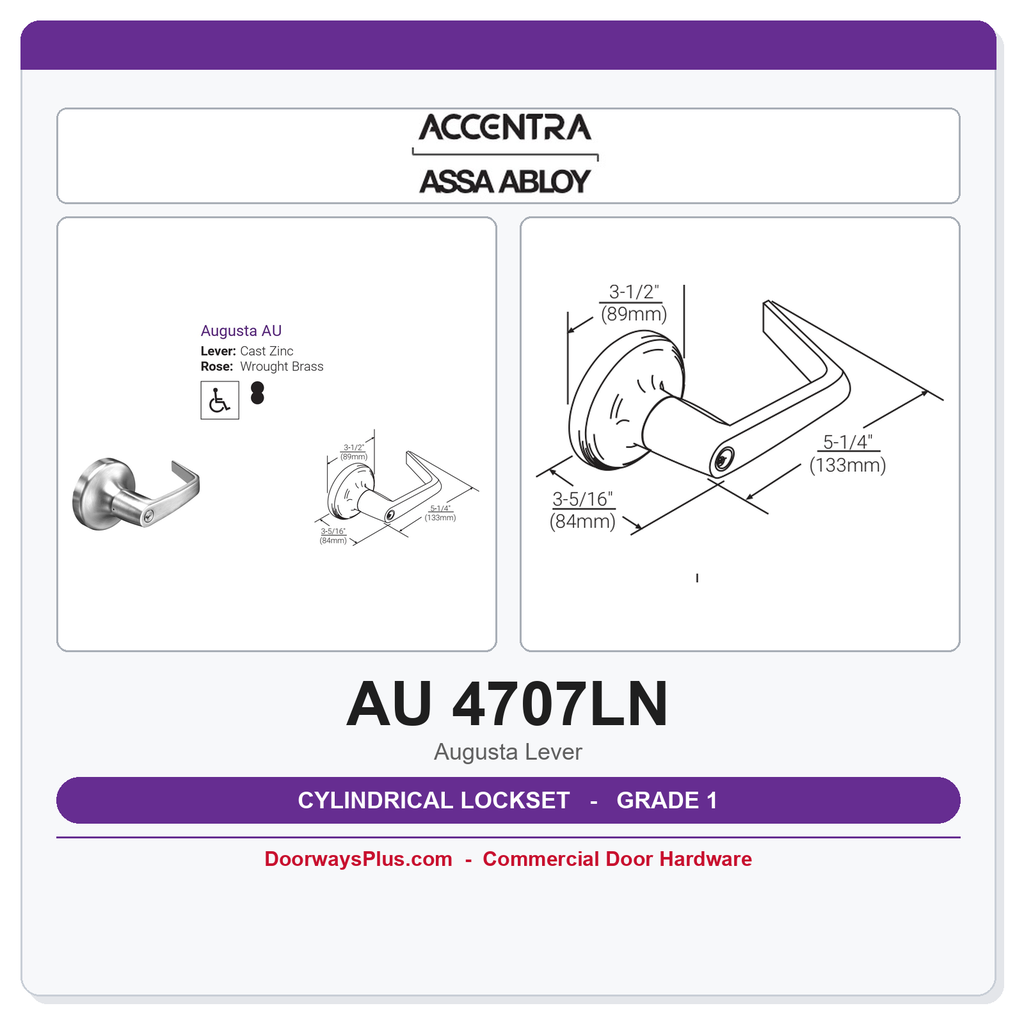 Accentra AU 4707LN Grade 1 Office Entry Cylindrical Lockset | Augusta Lever | ADA | UL Listed