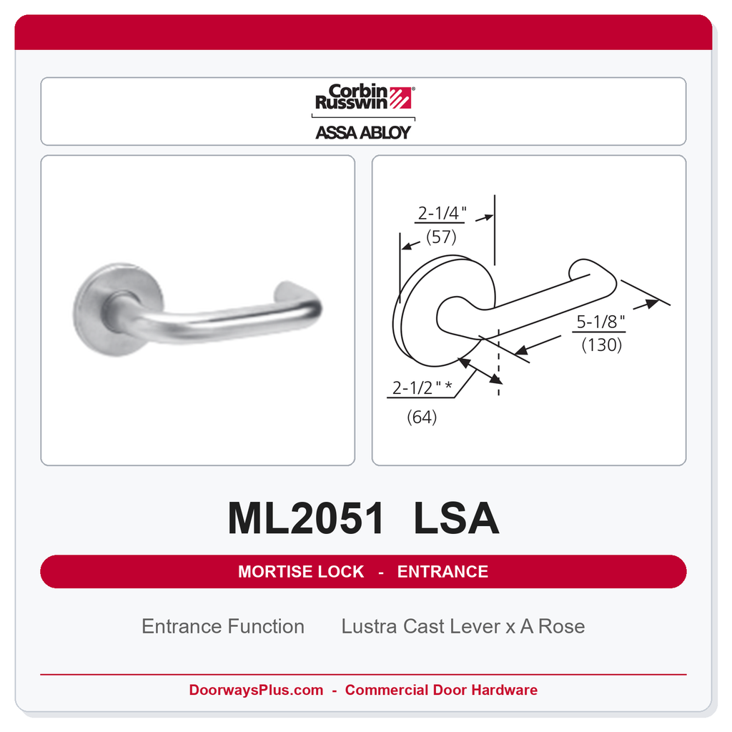 Corbin Russwin ML2051 LSA Entrance or Office Mortise Lockset | Grade 1 Commercial