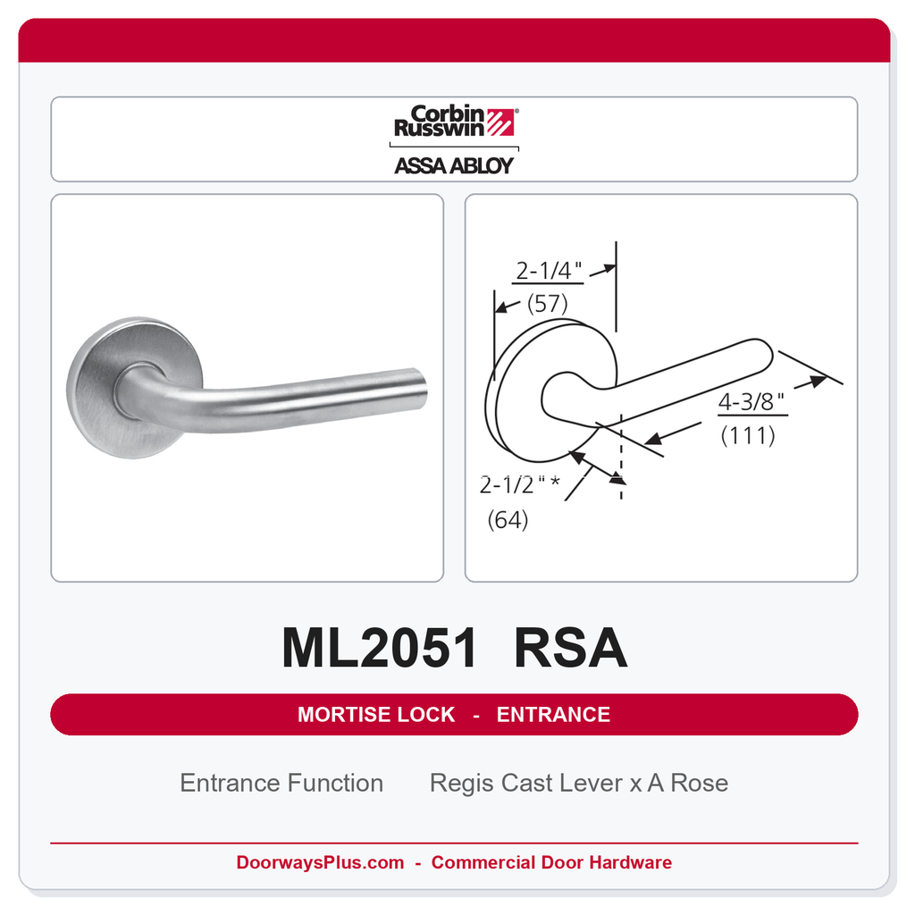 Corbin Russwin ML2051 RSA Entrance or Office Mortise Lockset | Grade 1 Commercial