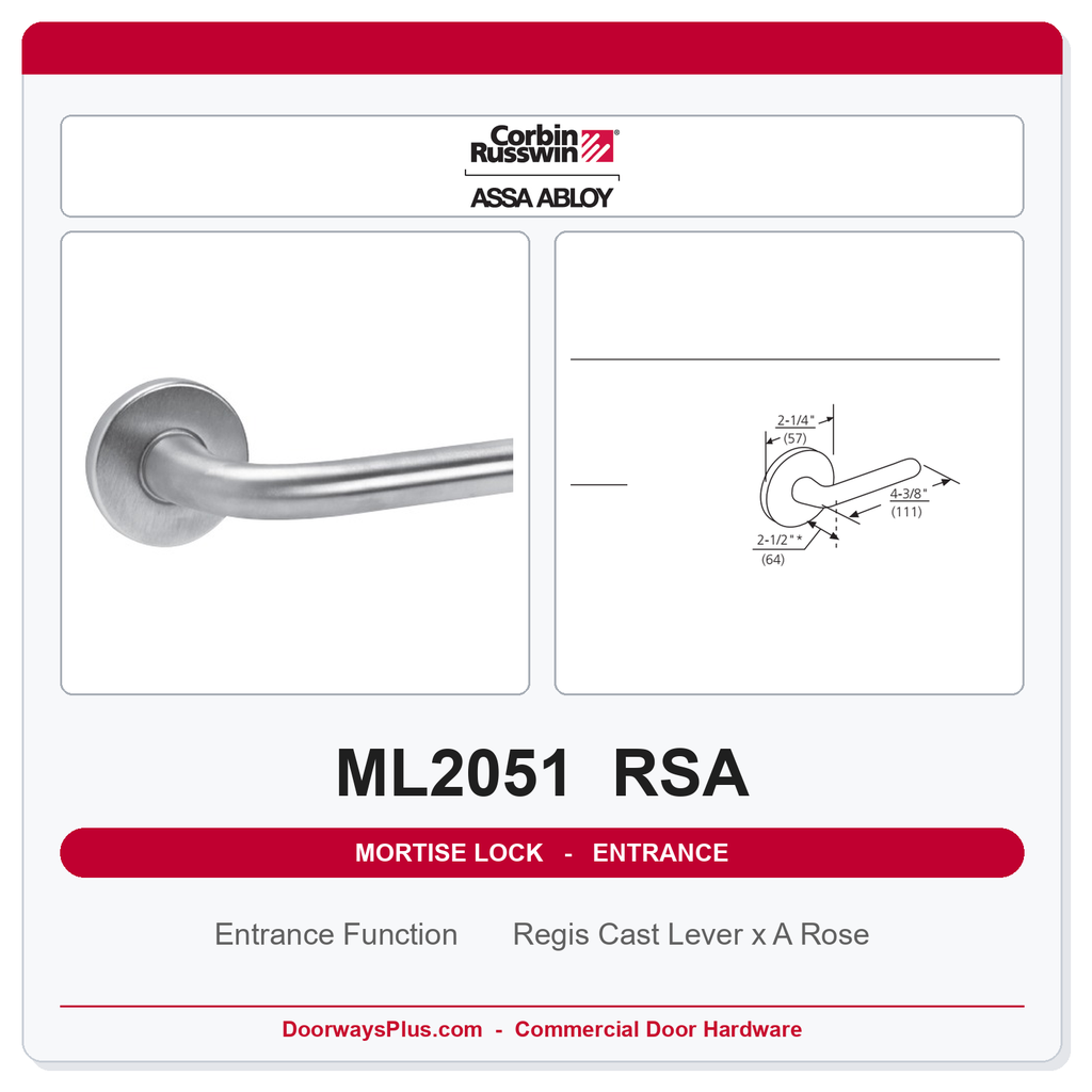 Corbin Russwin ML2051 RSA Entrance or Office Mortise Lockset | Grade 1 Commercial