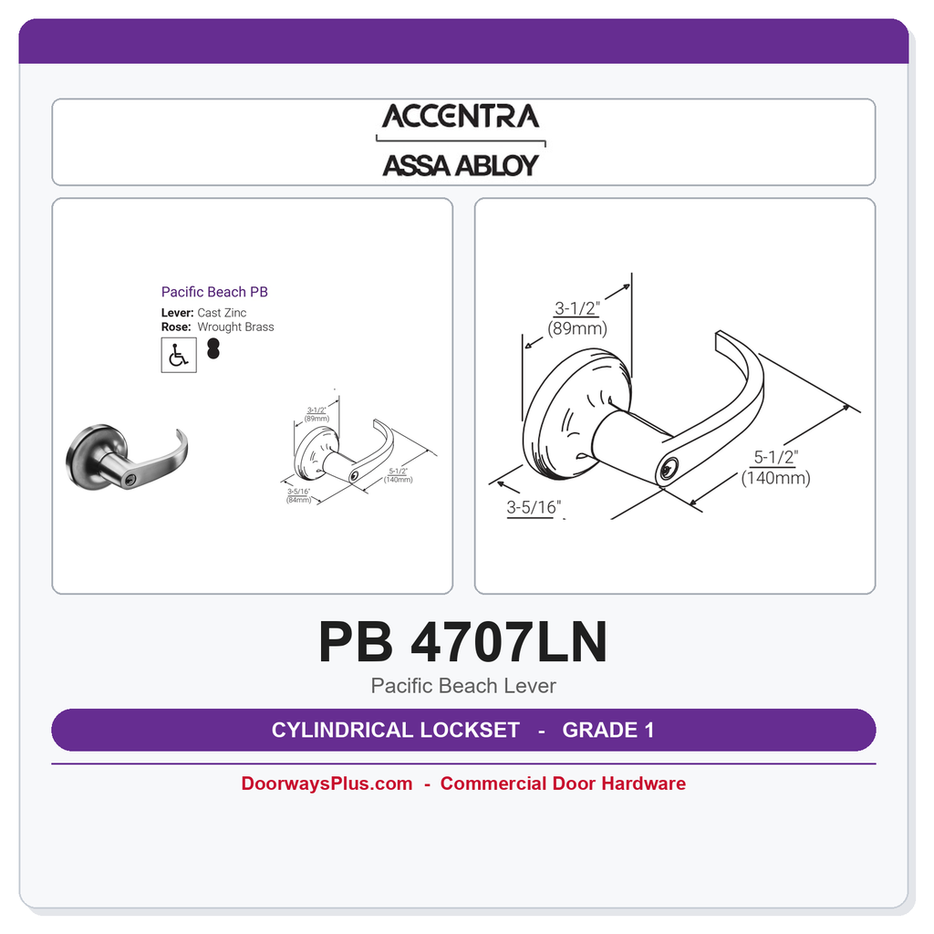 Accentra 4707LN Grade 1 Office Entry Cylindrical Lock – PB Lever | ANSI F109