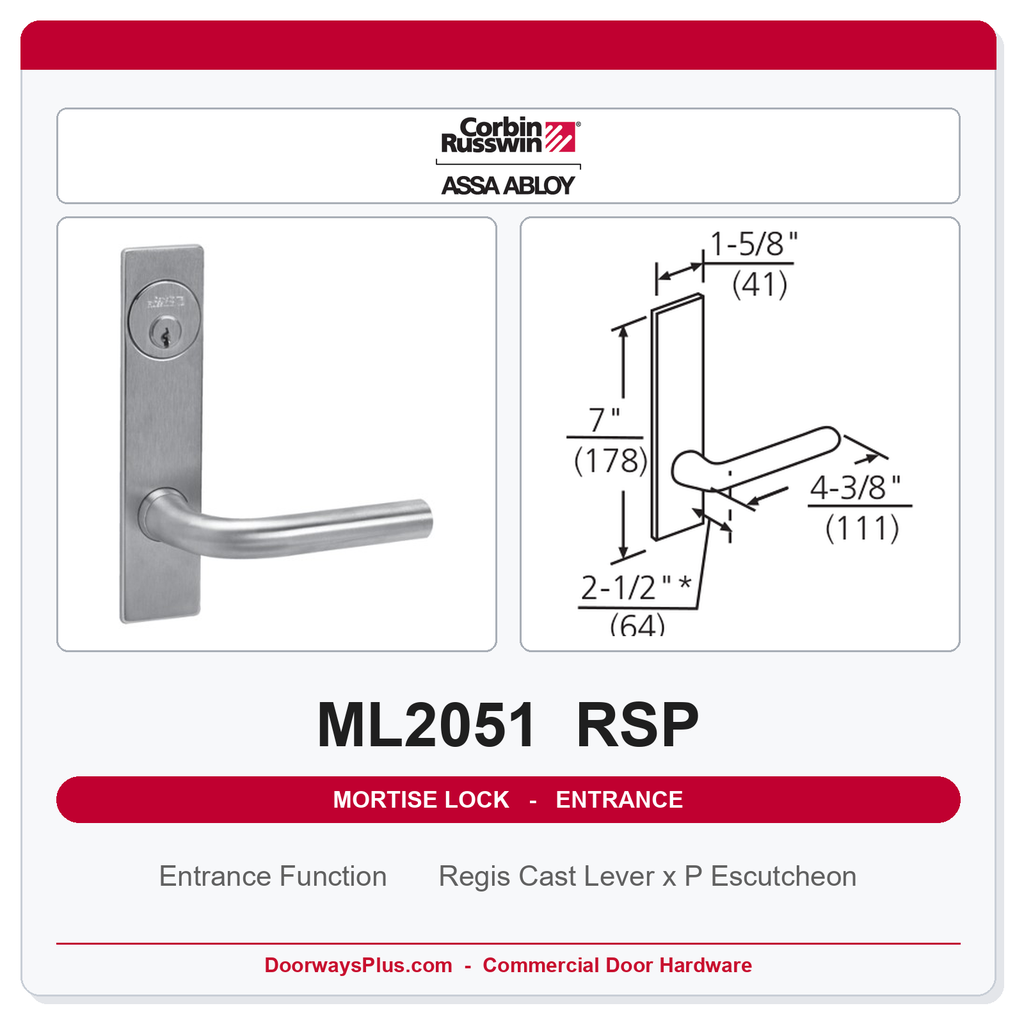 Corbin Russwin ML2051 RSP Entrance or Office Mortise Lockset | Grade 1 Commercial