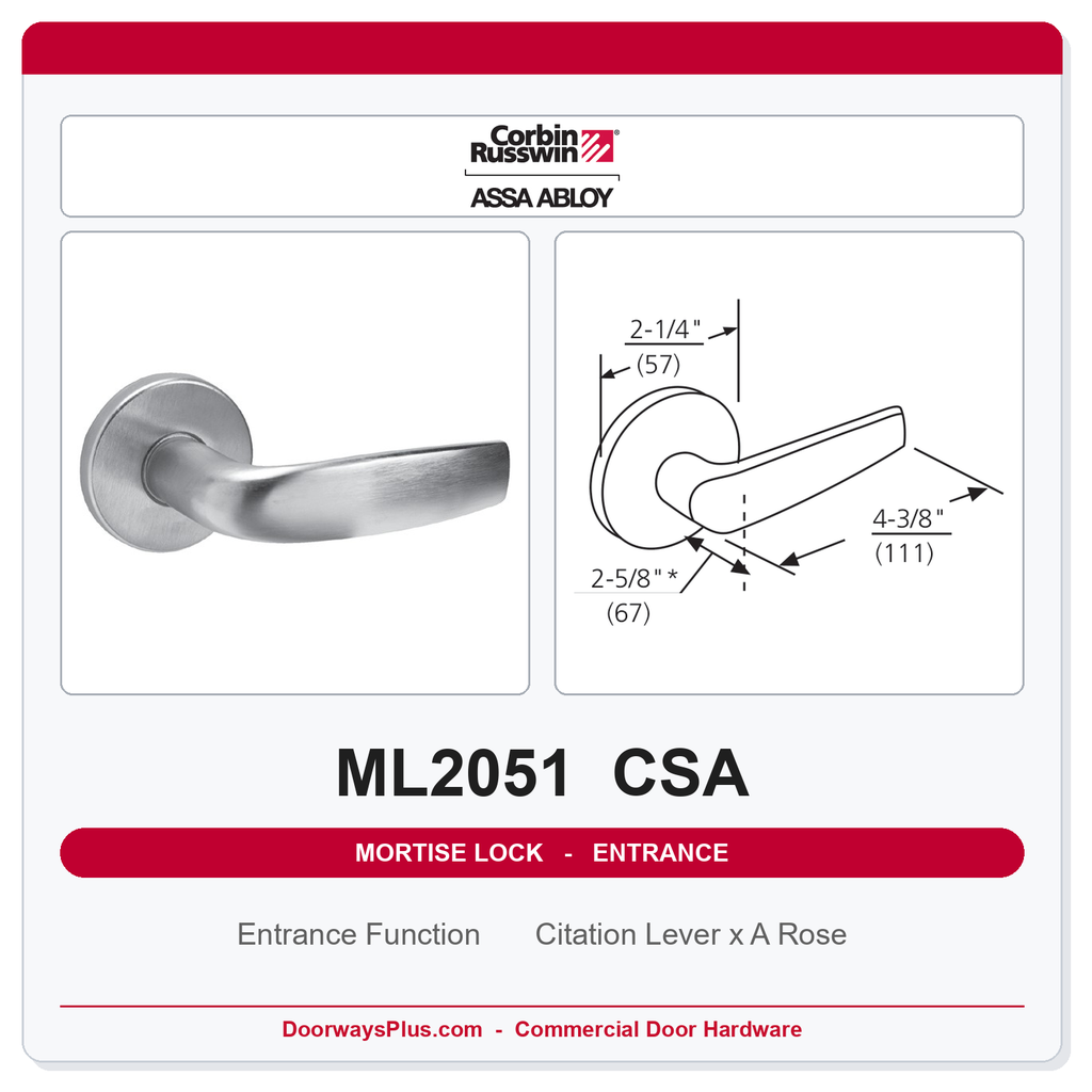 Corbin Russwin ML2051 CSA Entrance or Office Mortise Lockset | Grade 1 Commercial