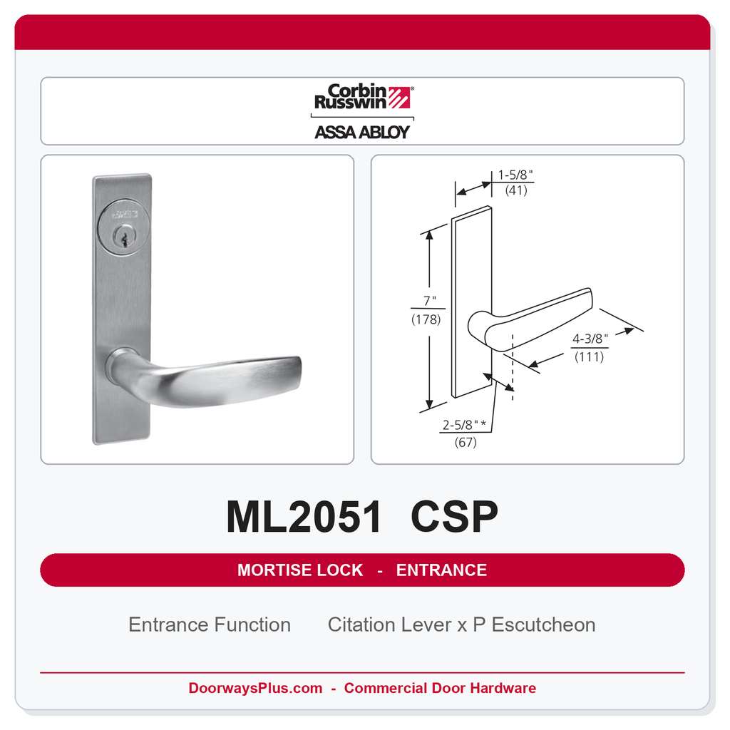 Corbin Russwin ML2051 CSP Entrance or Office Mortise Lockset | Grade 1 Commercial