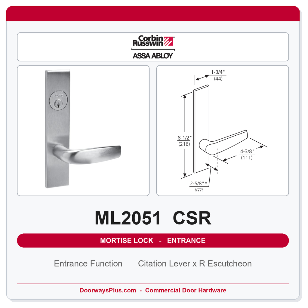 Corbin Russwin ML2051 CSR Entrance or Office Mortise Lockset | Grade 1 Commercial