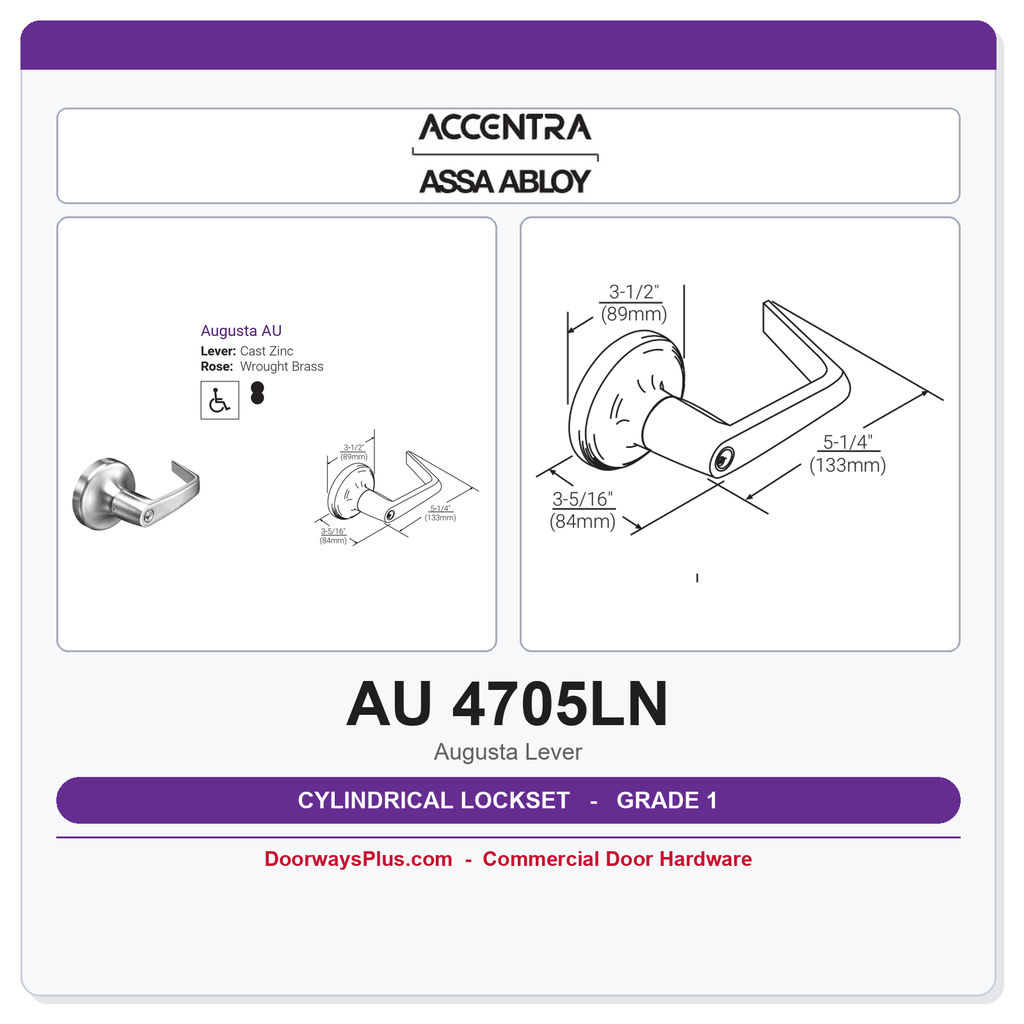 Accentra AU 4705LN Grade 1 Storeroom Cylindrical Lockset – Augusta Lever, UL Fire Rated