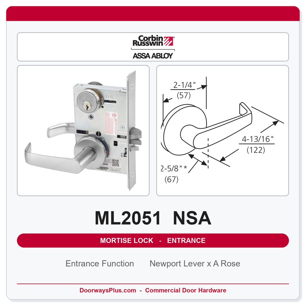 Corbin Russwin ML2051 NSA Entrance or Office Mortise Lockset | Grade 1 Commercial
