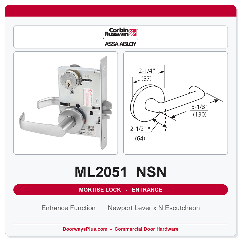 Corbin Russwin ML2051 NSN Entrance or Office Mortise Lockset | Grade 1 Commercial