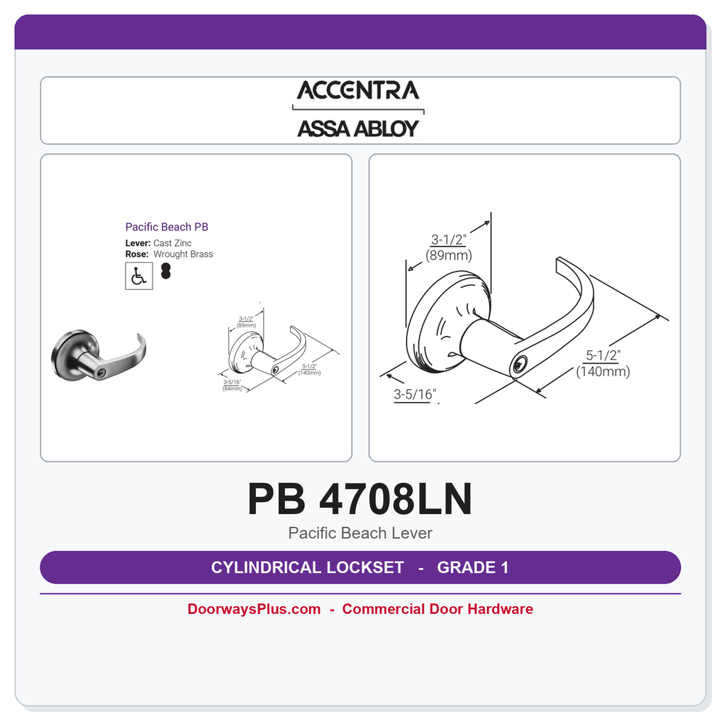 Accentra PB 4708LN Grade 1 Classroom Cylindrical Lock | ANSI F84 | UL Listed