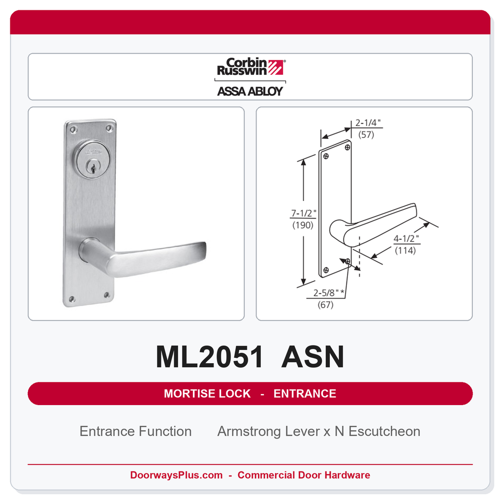 Corbin Russwin ML2051 ASN Entrance or Office Mortise Lockset | Grade 1 Commercial