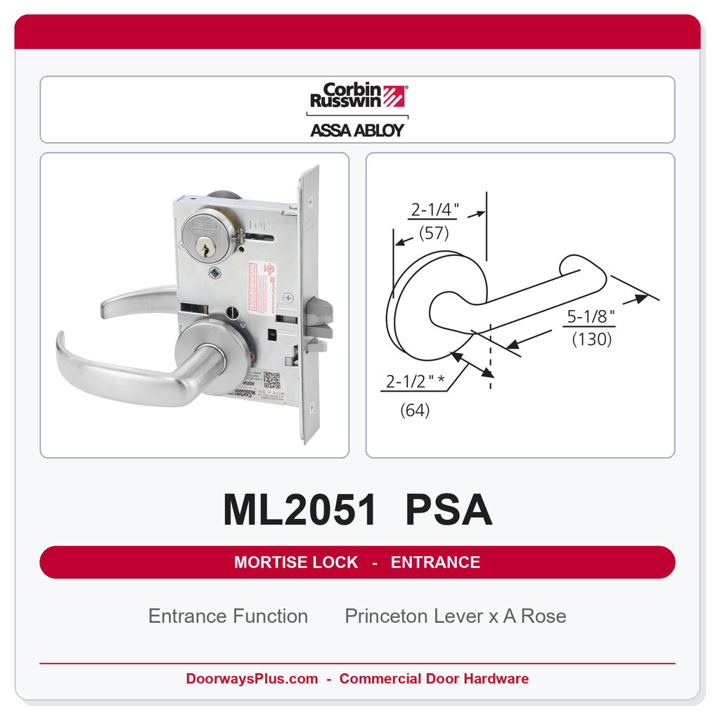 Corbin Russwin ML2051 PSA Entrance or Office Mortise Lockset | Grade 1 Commercial