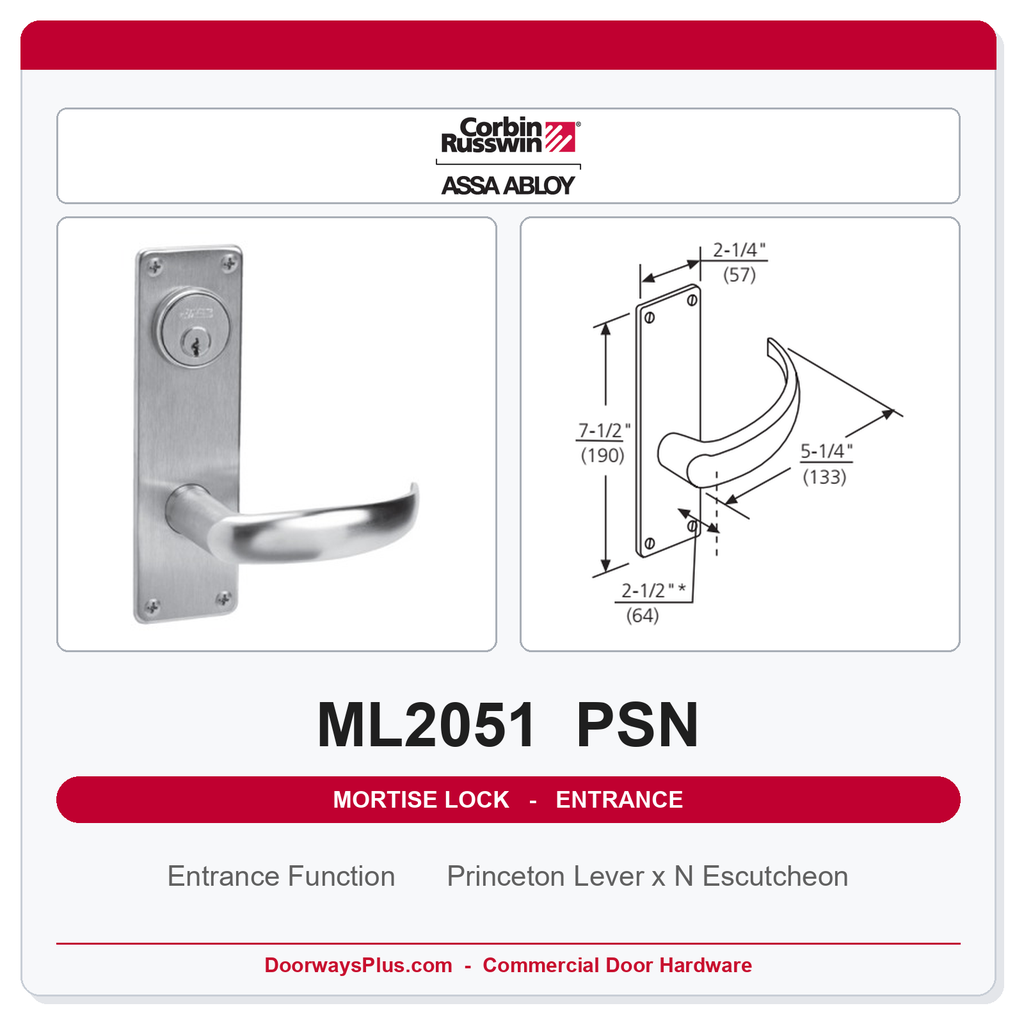 Corbin Russwin ML2051 PSN Entrance or Office Mortise Lockset | Grade 1 Commercial