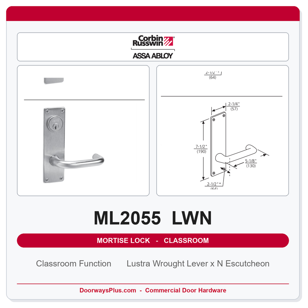 Corbin Russwin ML2055 LWN Classroom Mortise Lockset | Grade 1 Commercial