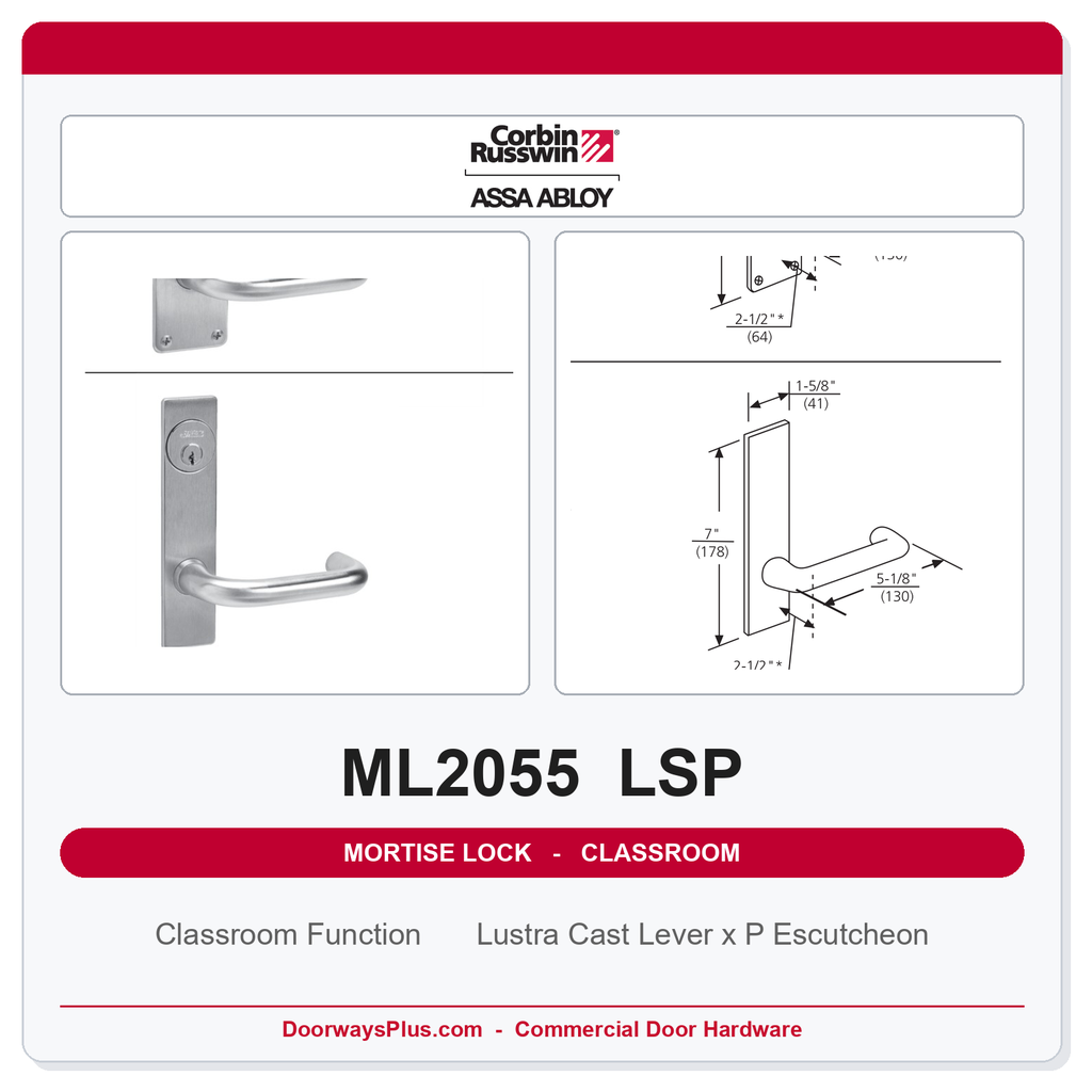 Corbin Russwin ML2055 LSP Classroom Mortise Lockset | Grade 1 Commercial