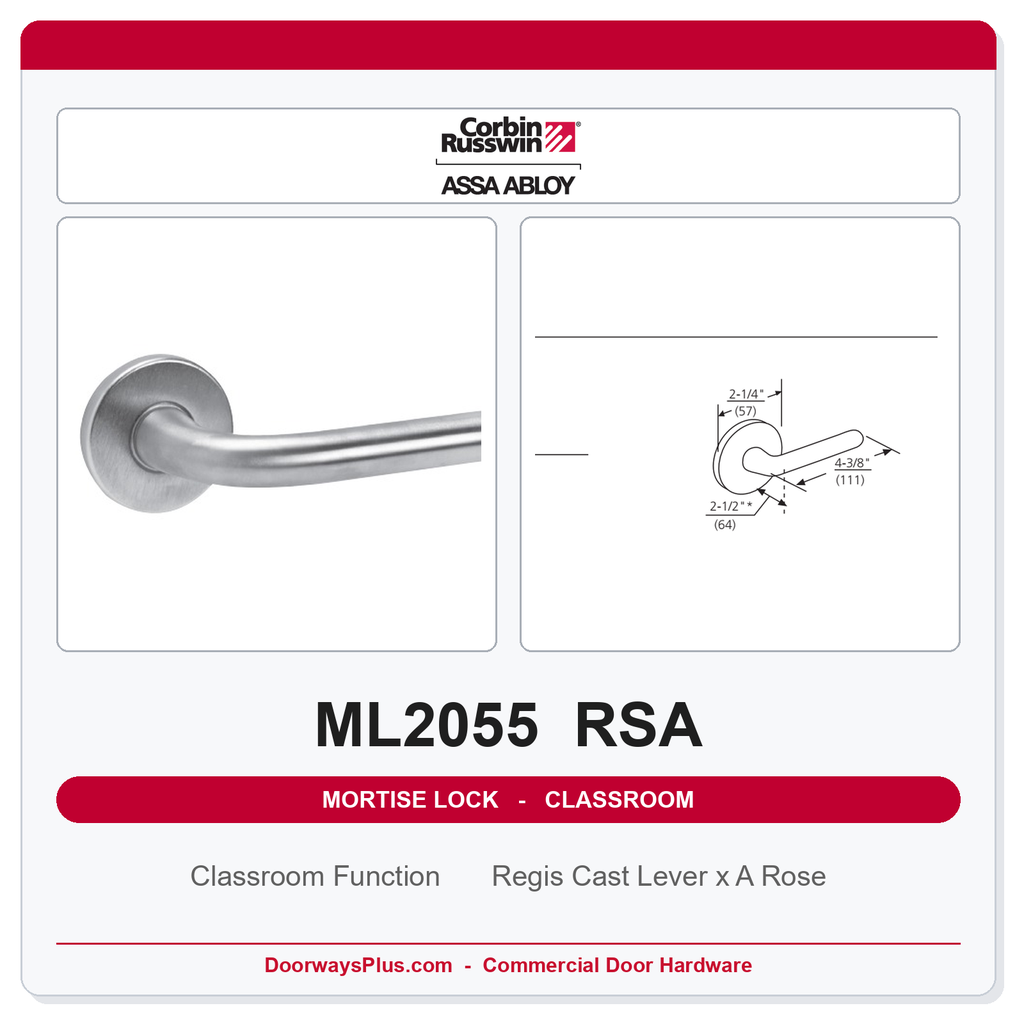 Corbin Russwin ML2055 RSA Classroom Mortise Lockset | Grade 1 Commercial