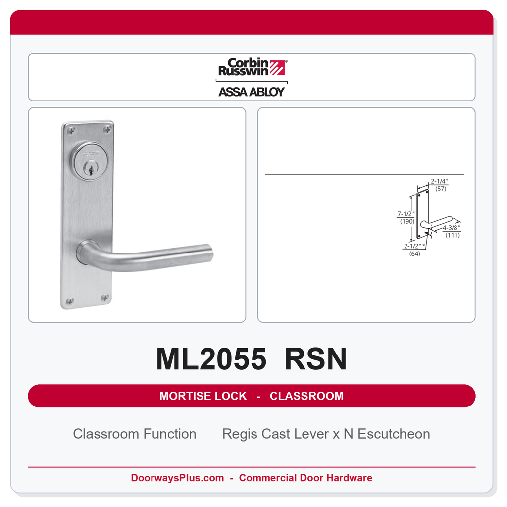 Corbin Russwin ML2055 RSN Classroom Mortise Lockset | Grade 1 Commercial