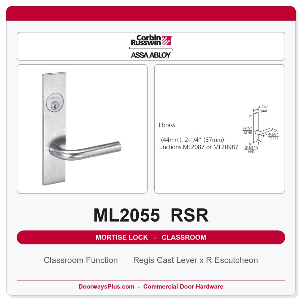 Corbin Russwin ML2055 RSR Classroom Mortise Lockset | Grade 1 Commercial