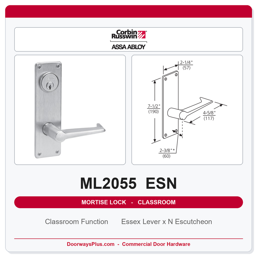 Corbin Russwin ML2055 ESN Classroom Mortise Lockset | Grade 1 Commercial