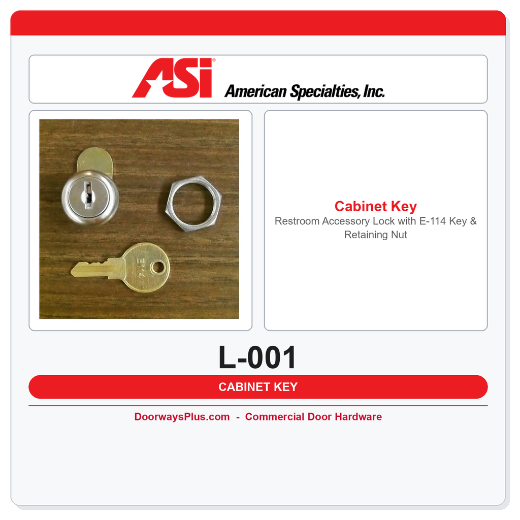 ASI L-001 Restroom Accessory Lock with E-114 Key & Retaining Nut