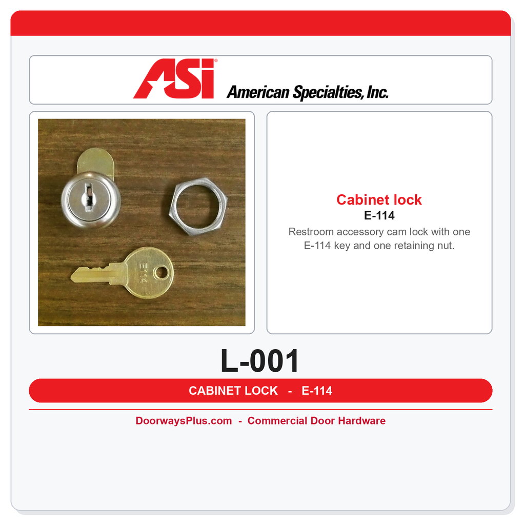 ASI L-001 Restroom Accessory Lock with E-114 Key & Retaining Nut