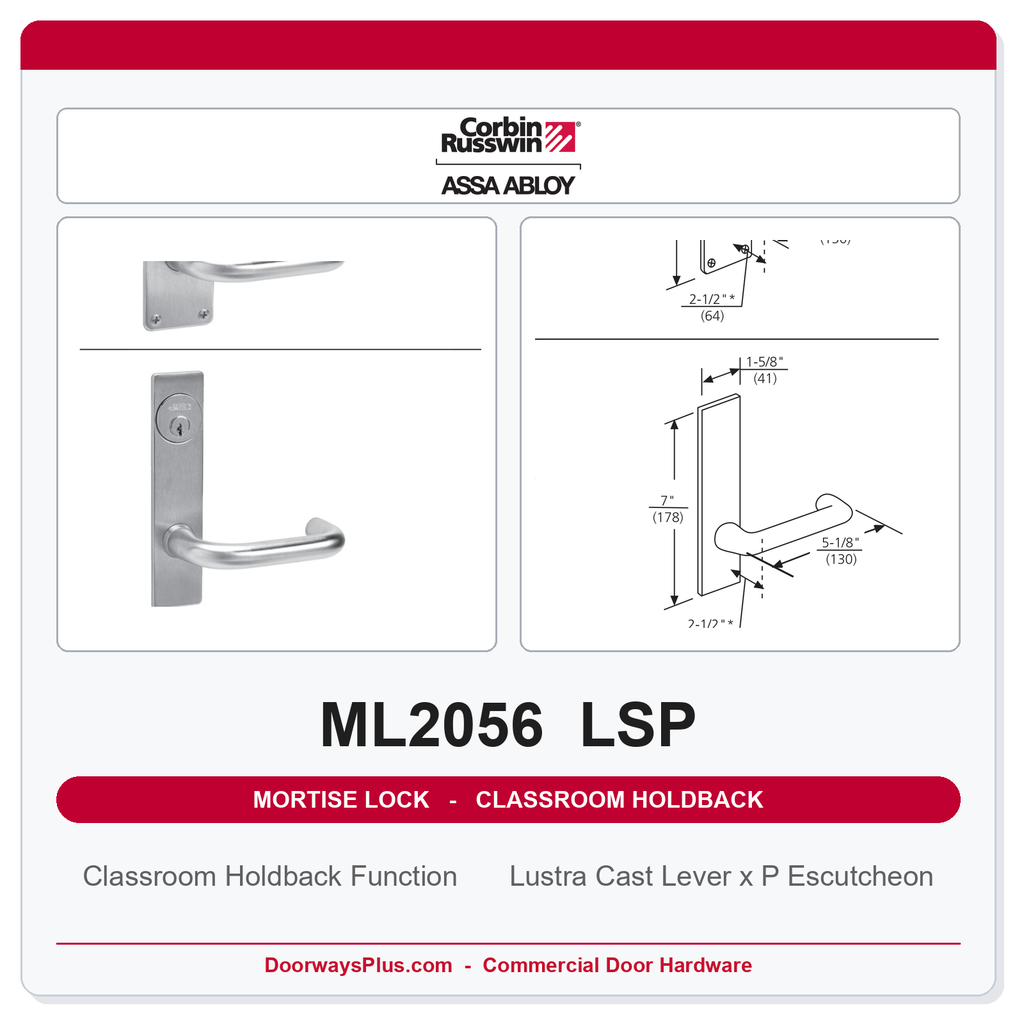 Corbin Russwin ML2056 LSP Classroom Holdback Mortise Lockset | Grade 1 Commercial
