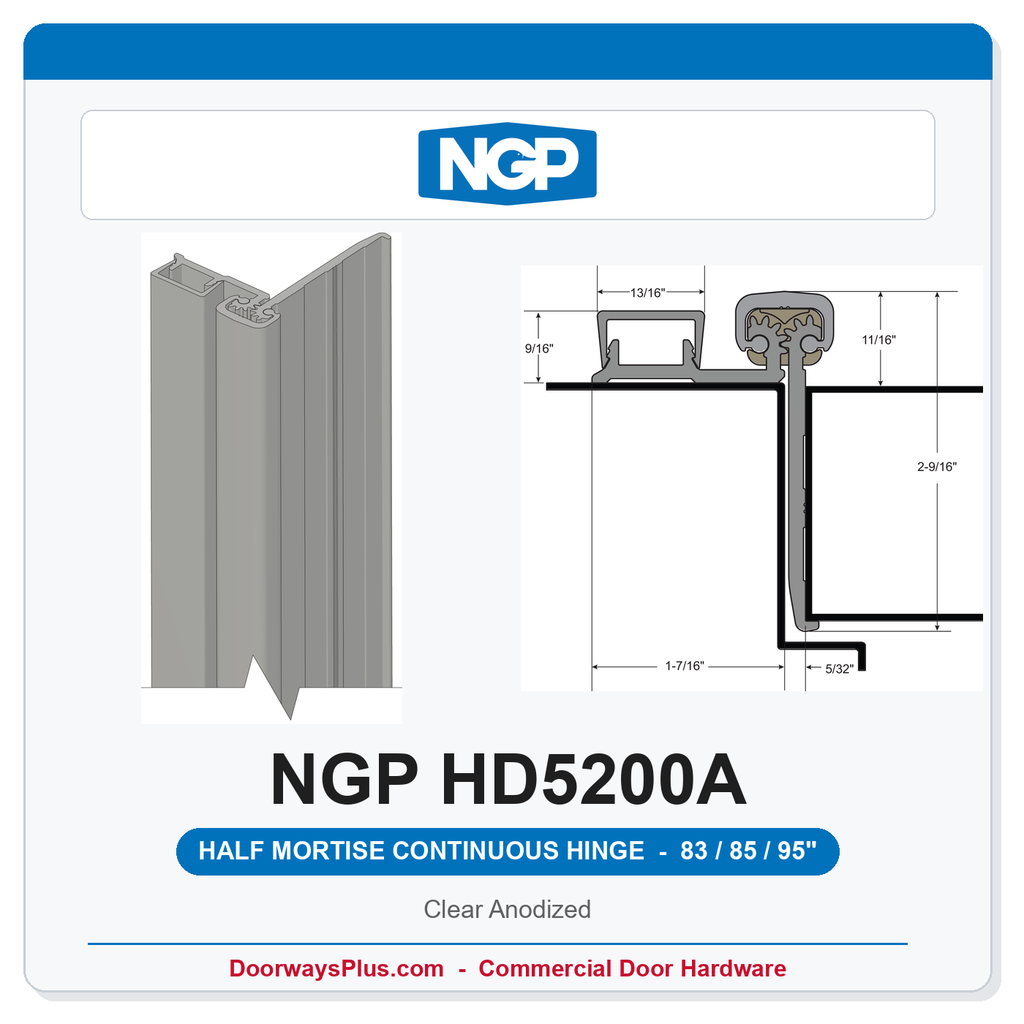 NGP HD5200A Half Mortise Flush Geared Continuous Hinge 83/85/95" Clear Anodized | National Guard