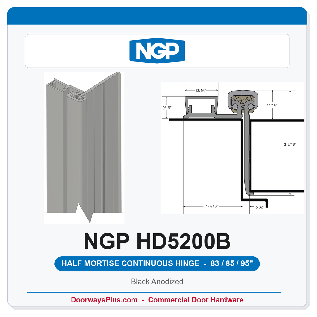 NGP HD5200B Half Mortise Flush Geared Continuous Hinge 83/85/95" Black Anodized | National Guard