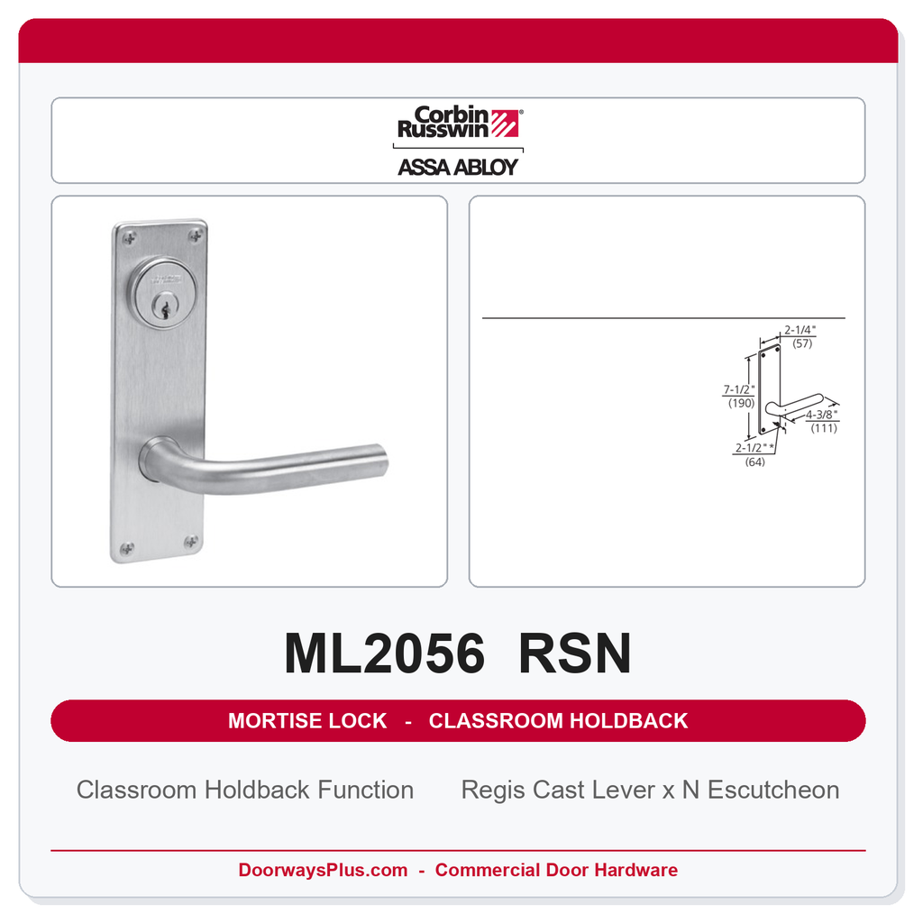 Corbin Russwin ML2056 RSN Classroom Holdback Mortise Lockset | Grade 1 Commercial