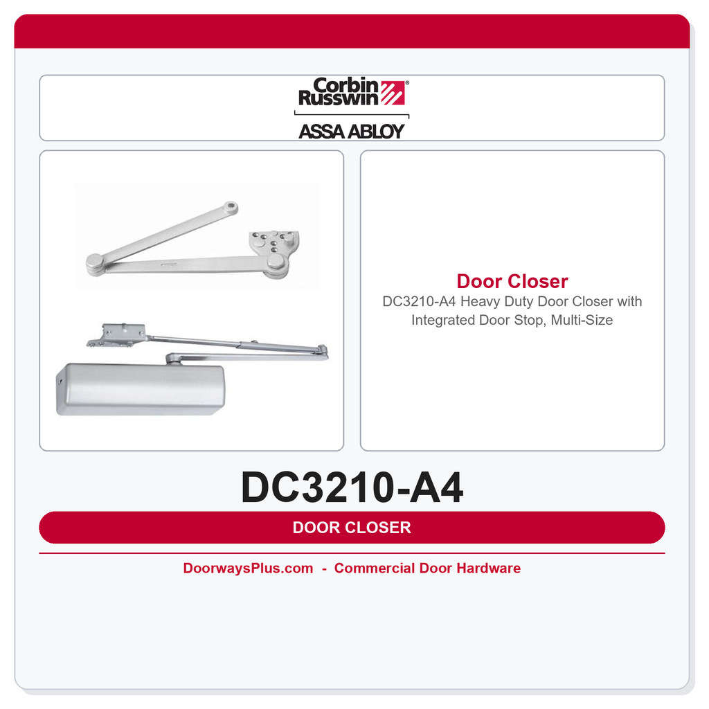 Corbin Russwin DC3210-A4 Heavy Duty Door Closer with Integrated Door Stop, Multi-Size