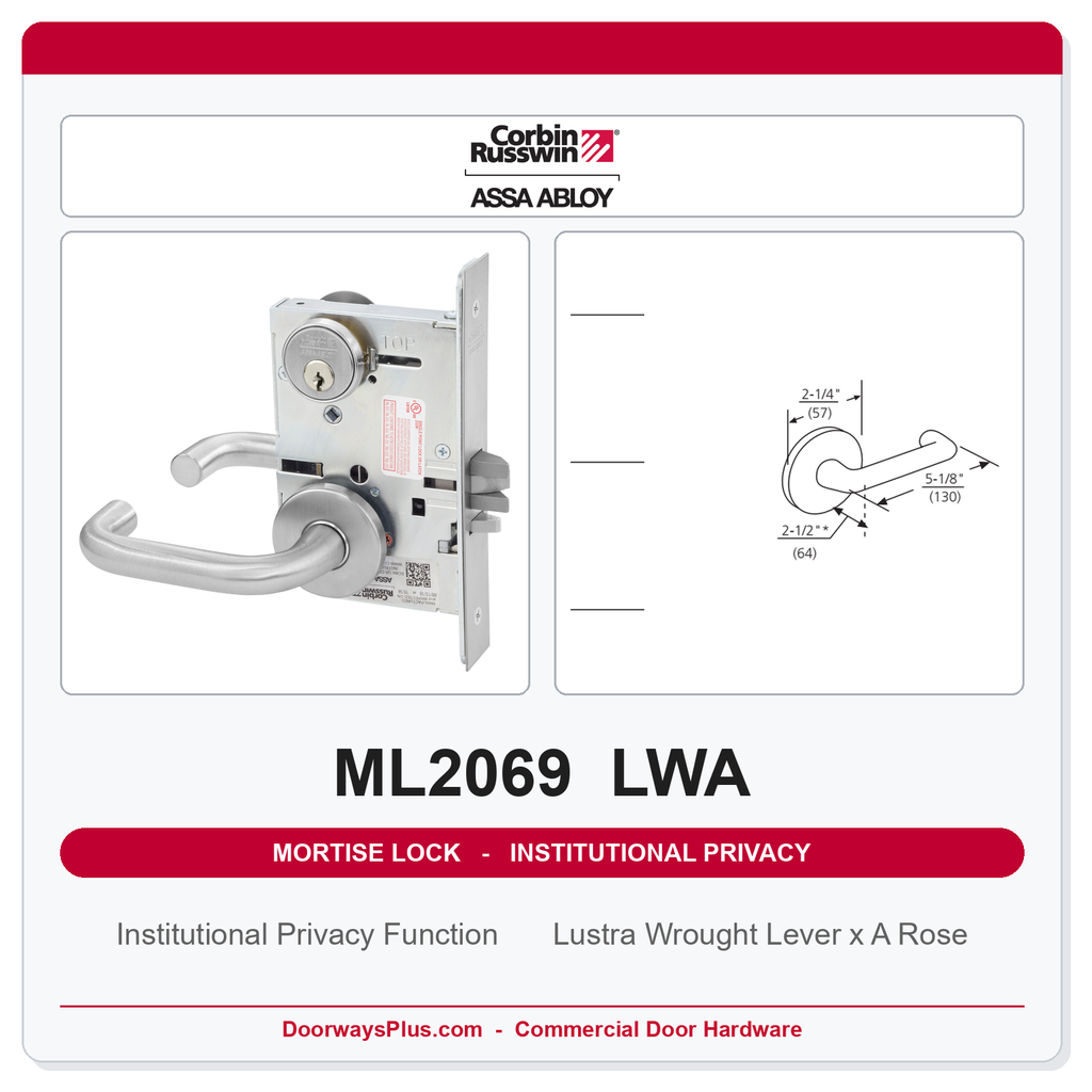 Corbin Russwin ML2069 LWA Institutional Privacy Mortise Lockset | Grade 1 Commercial