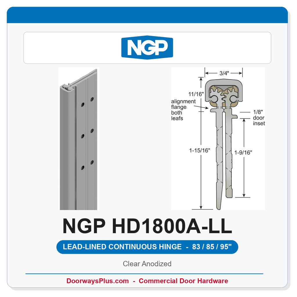 NGP HD1800A-LL Concealed Geared Continuous Hinge Lead-Lined Dual-Row 83/85/95" Clear Anodized | National Guard