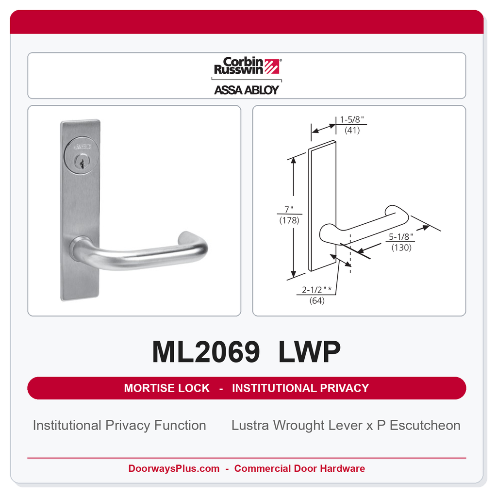 Corbin Russwin ML2069 LWP Institutional Privacy Mortise Lockset | Grade 1 Commercial