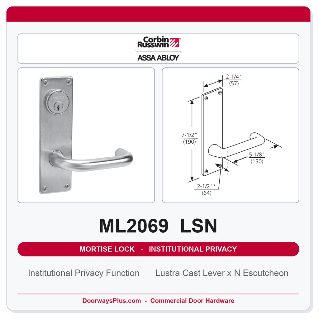 Corbin Russwin ML2069 LSN Institutional Privacy Mortise Lockset | Grade 1 Commercial