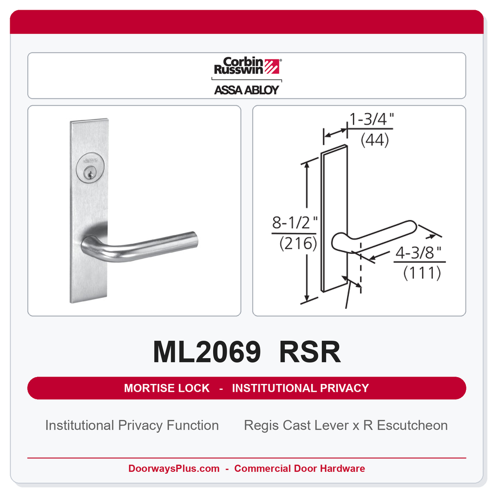 Corbin Russwin ML2069 RSR Institutional Privacy Mortise Lockset | Grade 1 Commercial