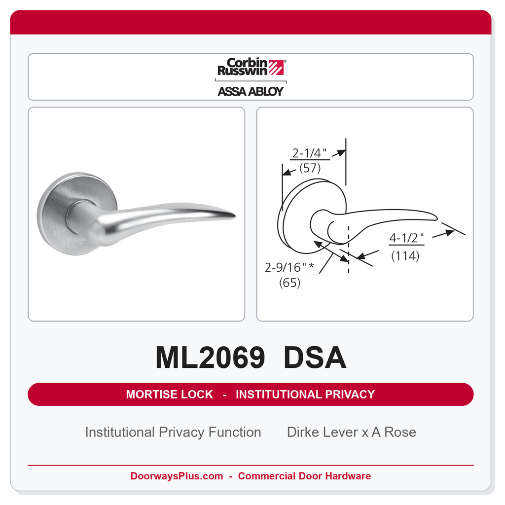 Corbin Russwin ML2069 DSA Institutional Privacy Mortise Lockset | Grade 1 Commercial
