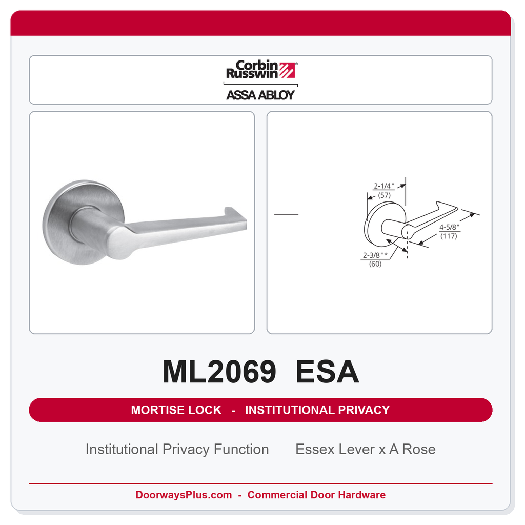 Corbin Russwin ML2069 ESA Institutional Privacy Mortise Lockset | Grade 1 Commercial